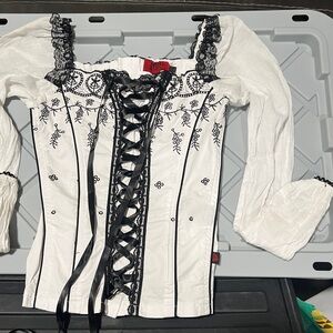 Tripp NYC Black and White Lace-Up corset Blouse, zip up back